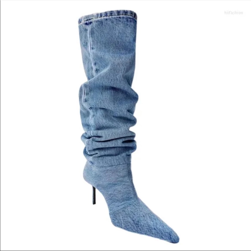 Denim knee high boots